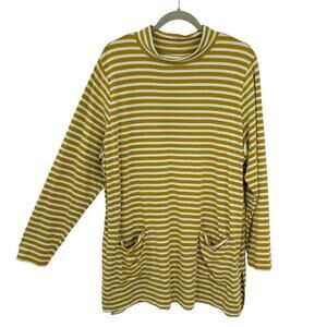Duluth Women's Plus 1X Nonstop Mock Neck Knit Tunic yellow striped pockets